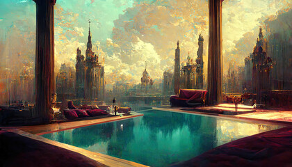 Fantasy futuristic capital city with luxury pool, cyberspace abstract illustration