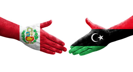 Handshake between Libya and Peru flags painted on hands, isolated transparent image.