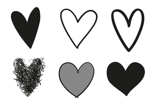 Hand drawn grunge hearts on isolated white background. Set of love signs. Unique image for design. Black and white illustration. Trendy elements for works