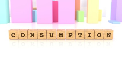 Letters CONSUMPTION engraved on cube wood reflected on the white surface. Business concept. In the back are colorful cuboids in many different shapes. (3D rendering)