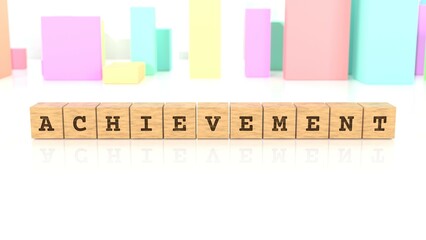 Word with the text ACHIEVEMENT carved on wooden blocks reflected on the beautiful table. Business concept. In the back are colorful cuboids in many different shapes. (3D rendering)