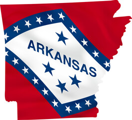 Arkansas map with waving flag, US state.