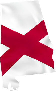 Alabama map with waving flag, US state.