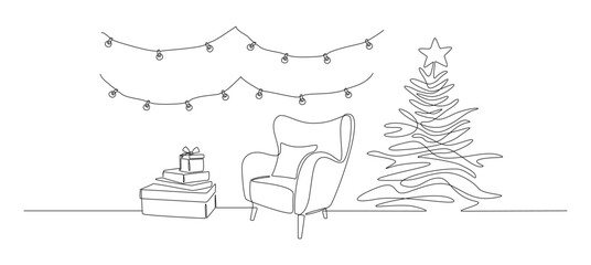 One continuous Line drawing of festive interior with armchair and christmas tree, gift boxes and garland. Modern cozy furniture for living room decor in simple linear style. Doodle vector illustration