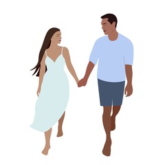 Couple walking vector illustration. Lovers walk by the hand. Guy and girl holding hands. Young people in a relationship.