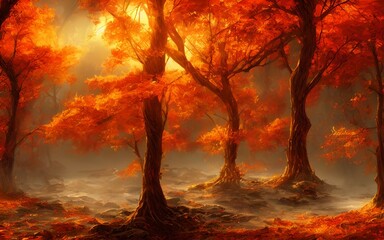 Fototapeta na wymiar Digital painting of a moody autumn forest with volumetric light streaming through it