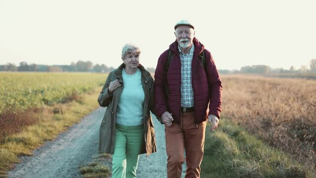 Senior couple walking in a field in autumn
