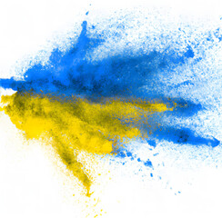 Illustration of colorful ukrainan flag yellow blue color holi paint powder explosion isolated on white background.