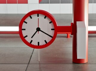 Rote Wanduhr an der Wand umgedreht