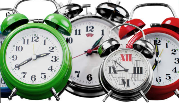 Retro alarm clocks on table  background