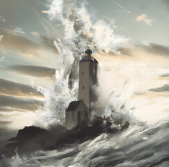 Fototapeta na wymiar Illustration of an old broken lighthouse overlooking a raging sea with big waves in the middle of a storm