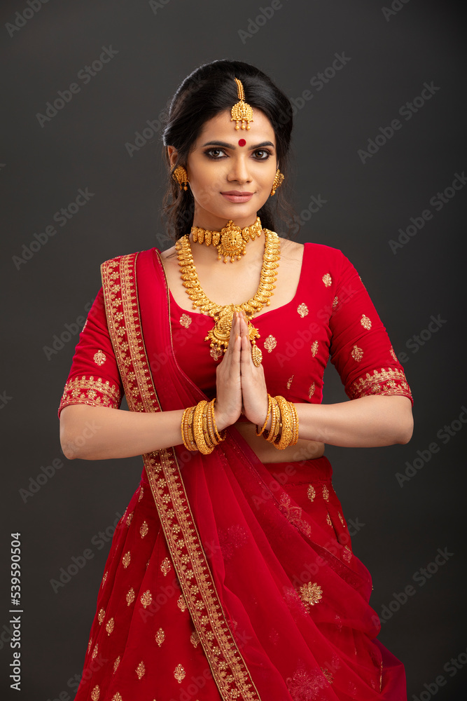 Wall mural pretty indian young hindu bride against grey background.