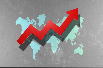 Growth of worlds population. Growth arrow and world map. International infographic. Increase in...