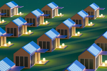 Energy efficient residential buildings. Evening home. Energy efficient community. Cottages with solar panels on roof. Night cottage village. Solar panels for energy efficiency buildings. 3d image - obrazy, fototapety, plakaty