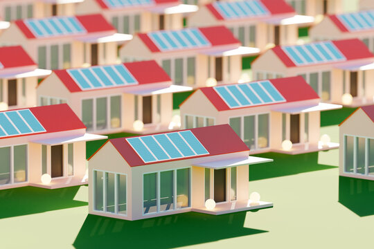 Houses with solar panels on roof. Cottage village with sun traps. Solar panels on roof residential buildings. Identical village houses on green lawn. Solar panels sale concept. Eco energy. 3d image