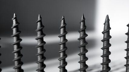 Metal screws in row. Construction, repair company, society, people.