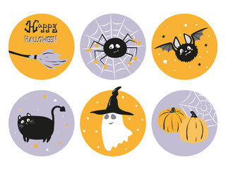 Halloween Prints set with pumpkins, ghost and bat. Vector Halloween stickers.