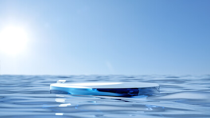 glass podium in the water for advertising products, blue sky with glare from the sun, sea waves. 3d rendering with copy space