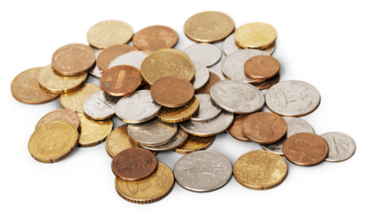 Golden coins on a white background