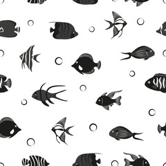 Fish pattern. Seamless black and white sea fish silhouette vector illustration.