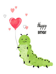 Cute caterpillar with balloon. Birthday card design for kids. Vector watercolor illustration.