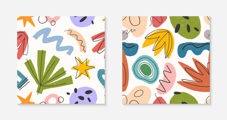 Childish abstract seamless patterns.Colorful hand drawn organic shapes,lines,doodles and elements.Vector trendy designs for prints,flyers,banners,fabric,invitations,branding,covers and more.