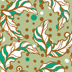 Nature seamless vector pattern with hand drawn twig, tree branch with leaves, tropical summer time. Ecological rural theme for poster print, wrapping paper, wallpaper, clothes textile, fabric design.