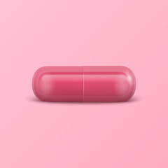 Vector 3d Realistic Pink Pharmaceutical Medical Pill, Capsule, Tablet on Pink Background. Front View. Copy Space. Medicine, Women's Health Concept