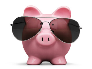 Piggy bank with sunglasses isolated on background
