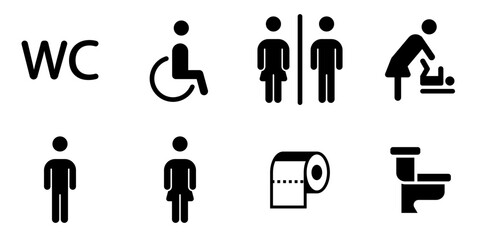 Conjunto de iconos de baño. Señales de aseo. Hombre, mujer, WC, discapacitado. Ilustración vectorial