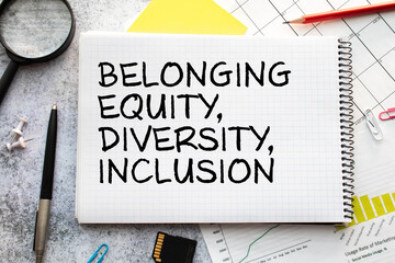 paper note message with the written word Equity, identity, diversity, inclusion, belonging.