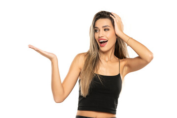 portrait of a young happy woman on a white background, advertise some product.