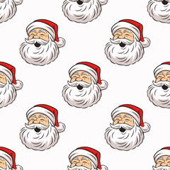 Vector Seamless Pattern with Cute Funny Smiling Santa Claus Head. Design Template for Holiday Merry Christmas, Happy New Year Greeting Cards, Banners, Textile, Wallpapers, Fabrics, Packaging, Wrapping