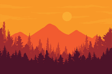 Silhouette rainforest landscape with mountains in the background