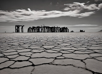 Fototapeta premium Beach Earth Cracked Dry River Crack Desert Land Salt Sun Water Mud Sky Ground Sunset Soil Landscape Nature Drought Arid Heat Lake Summer Sea Clouds