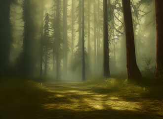 Obraz premium Sun Wood Sunlight Nature Tree Summer Pine Light Forest Fantasy Green Woodland Autumn Sunrise Misty Morning Path Foggy Landscape Trees Leaf Woods Fog Mist Dark