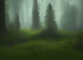 Fototapeta premium Fog Misty Morning Landscape Woodland Nature Sunrise Sunlight Pine Green Dark Tree Leaf Autumn Trees Woods Foggy Fantasy Summer Wood Sun Light Mist Path Forest