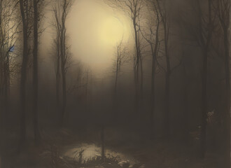 Obraz premium Green Forest Black Misty Winter Fog Tree Landscape Mist Rays Trees Autumn Light Wood Sun Woods Woodland Nature Path Sunlight White Dark Foggy Morning Road