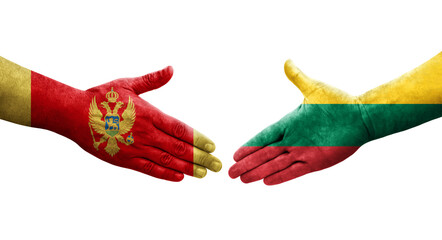 Handshake between Lithuania and Montenegro flags painted on hands, isolated transparent image.