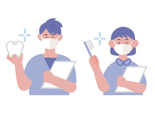 マスクを付けた歯科衛生士の男女のイラスト