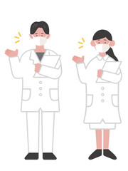 カルテを持って案内をするマスクをつけた医療従事者のイラスト