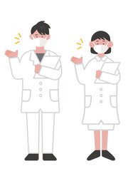 カルテを持って案内をするマスクをつけた医療従事者のイラスト