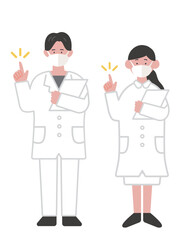 カルテを持って指差しをするマスクをつけた医療従事者のイラスト