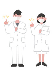 カルテを持って指差しをするマスクをつけた医療従事者のイラスト