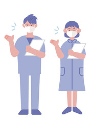 カルテを持って案内をするマスクをつけた看護師のイラスト