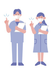 カルテを持って指差しをするマスクをつけた看護師のイラスト