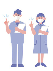 カルテを持って指差しをするマスクをつけた看護師のイラスト
