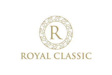 Beauty wellness mandala logo design gold flower circle luxury shape icon symbol yoga spa ornament R initial 