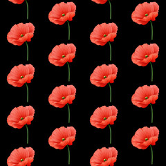 Maki - czerwone kwiaty na czarnym tle. Powtarzający się wzór na okładkę, tapetę, papier pakowy, tekstylia, tło, opakowanie, plakat.