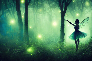 dancing fairy in the forest - obrazy, fototapety, plakaty